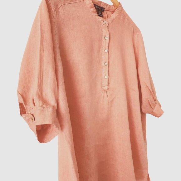 JNY Pre-loved Plus-Size 1X Pink Long-sleeve Linen Tunic. Collarless, 6 Buttons - Picture 5 of 9